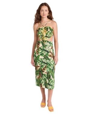 Farm Rio Tropical Green Leaf Cutout Midi Dress